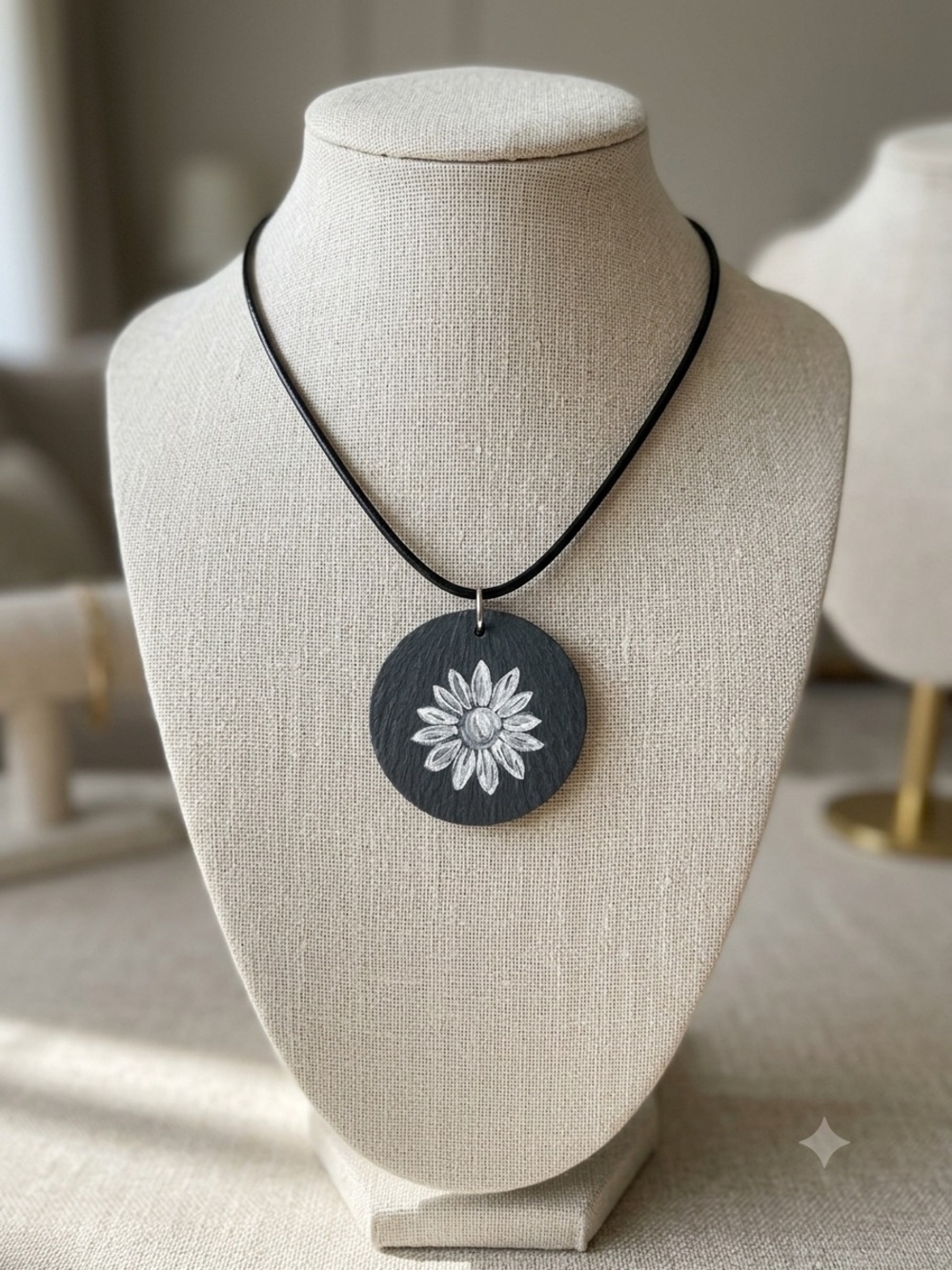 Hand Painted Daisy on Slate Pendant - Necklace